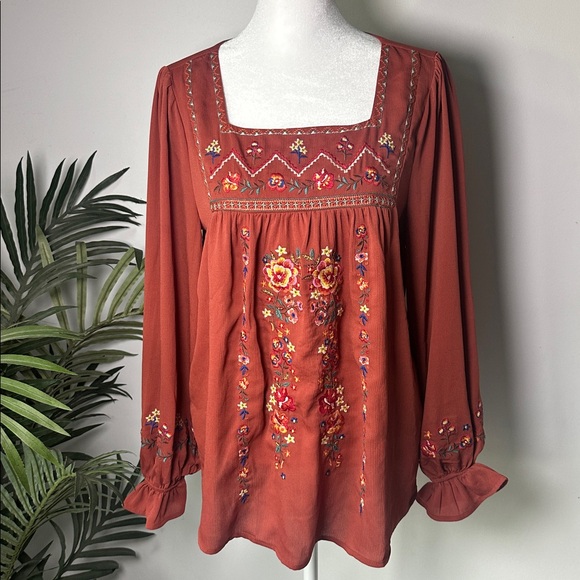 Savanna Jane Tops - Savanna Jane Women’s Terracotta Embroidered Babydoll Rust Blouse S